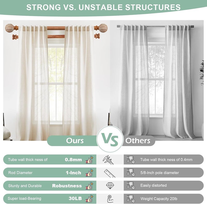 TANGWIN Boho Wooden Curtain Rods for Windows 66 to 120: 1" Heavy Duty Double Curtain Rod with Imitation Wood Grain Finials Farmhouse Decorative Wood Curtain Rod Dual Adjustable for Living Room Bedroom - Image 3